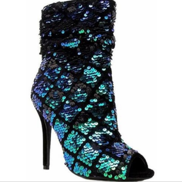 Qupid Ara-385 Ankle High Stiletto Heel Open Toe Sequin - Picture 2 of 3